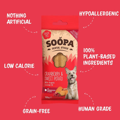 🍠 Soopa Dental Sticks – Tranebær &amp; Sød Kartofler (4 stk)