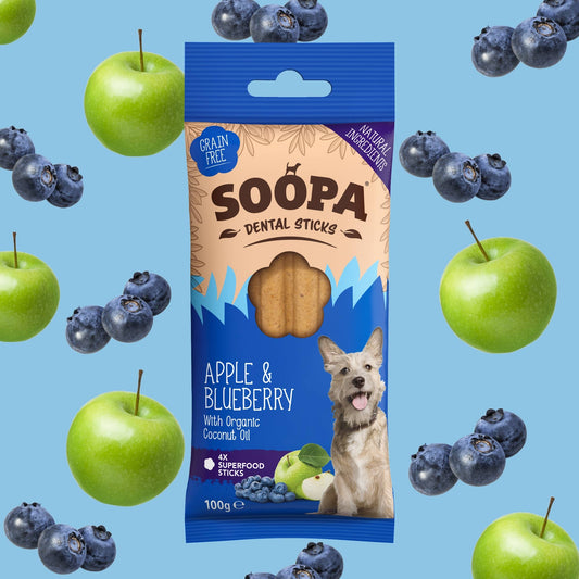 🍎 Soopa Dental Sticks – Æble &amp; Blåbær (4 stk)