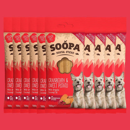 🍠 Soopa Dental Sticks – Tranebær &amp; Sød Kartofler (4 stk)