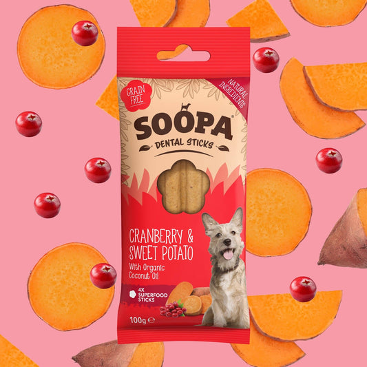 🍠 Soopa Dental Sticks – Tranebær &amp; Sød Kartofler (4 stk)
